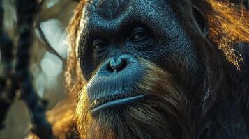 Portrait of a majestic primate with deep, expressive eyes. The primate's fur blends seamlessly with its forest backdrop. photo