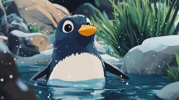 An adorable penguin wades through cool water in a scenic environment, surrounded by rocks and lush vegetation, under a gentle snowfall. photo