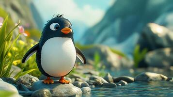 A delightful cartoon penguin with a charming expression stands amidst a scenic river environment, creating a cheerful atmosphere. photo