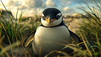 Close-up of a curious penguin standing in tall grass against a bright sky, rendered with high detail and soft natural lighting. photo