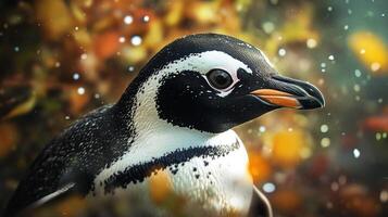 Portrait of a distinguished penguin with striking black and white plumage, set against a vibrant, bokeh-filled background. photo