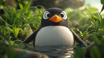 A charming penguin wades through shallow waters surrounded by lush greenery, showcasing a serene and adorable scene. photo