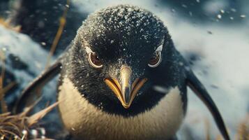 Intense penguin stare. Eye-level shot of a determined bird in its natural, snowy habitat displaying its striking features. photo