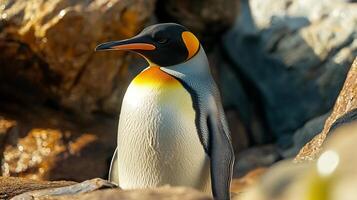 Portrait of a majestic king penguin with its distinctive yellow and black plumage, standing proudly among coastal rocks. photo