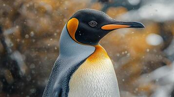Elegant emperor penguin portrait showcasing its striking plumage and unique patterns, captured in a natural, frosted environment. photo