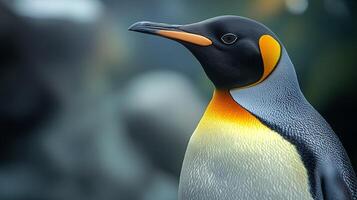 Elegant penguin profile showcasing sleek feathers and a striking yellow patch against a softly blurred backdrop. Its dark eye is fixed ahead. photo