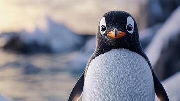 A photorealistic image of a cute penguin standing confidently against a backdrop of icy waters and snowy terrain under a bright sky. photo