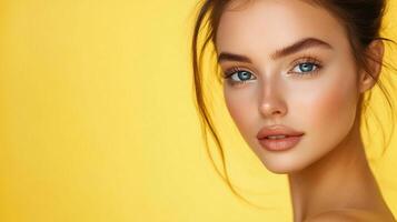 Portrait of a young woman with flawless skin and bright blue eyes against a vibrant yellow backdrop, showcasing beauty and a healthy complexion. photo