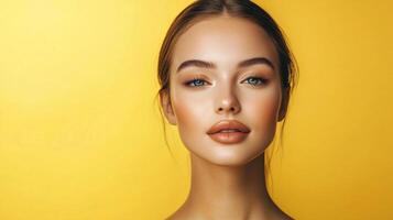 Portrait of a woman with flawless skin and neutral makeup in front of a vibrant yellow background. Beauty and skincare concept. photo