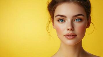 Beautiful woman with striking blue eyes and a warm complexion against a bright yellow backdrop, radiating natural elegance and charm. photo