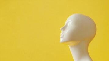 Profile of a serene mannequin head against a solid yellow backdrop, creating a stark and modern art composition. Simple and elegant. photo