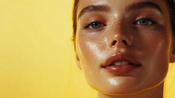 Close-up of a young woman with glossy skin and freckles against a vivid yellow backdrop, creating a luminous and captivating portrait. photo