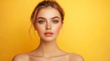 Portrait of a beautiful woman with striking blue eyes against a yellow background. She is posed facing the camera in a head and shoulder shot. photo