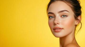 Portrait of a beautiful young woman with perfect skin and a natural makeup look, posing against a bright yellow background in a studio setting. photo