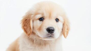 Adorable golden puppy portrait with soft, light fur and gentle expression set against a bright white background. Innocence captured. photo