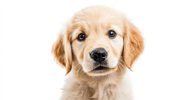 Adorable golden puppy with soft fur looking directly at the viewer on a seamless white background. The puppy's eyes are wide and innocent. photo