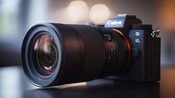 A sophisticated digital camera with a prominent lens rests on a reflective surface, capturing a blend of technology and photographic potential. photo