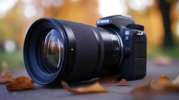 A professional camera with a large lens rests on a textured surface, surrounded by fallen leaves, hinting at autumn photography. photo