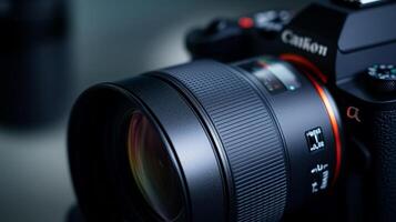 Close-up of a camera lens with intricate details, showcasing precision and technology, ready to capture stunning visuals. photo