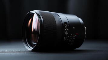 Sleek black camera lens, designed for precision and capturing high-quality images, reflecting light in its smooth surface. Photography gear. photo