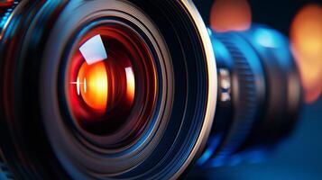 Close-up of a camera lens, capturing the intricate details of its optics and design, focusing on the glass and light reflection. photo