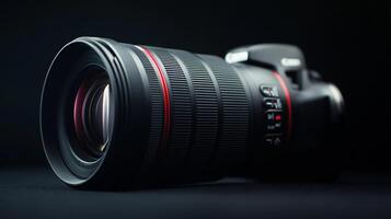 Sleek camera with a prominent lens, highlighted by red accents and professional design, set against a dark, moody background. photo