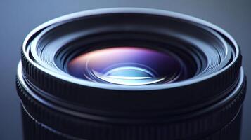 Macro shot of a precision camera lens with detailed textures and striking light reflection. Great for artistic photography projects. photo