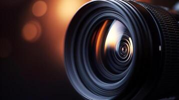 Macro shot of a professional lens, showing internal elements and reflections. Bokeh background creates a depth of field effect. photo