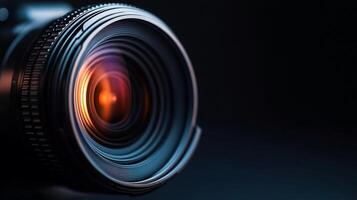 Close-up view of a camera lens with a bright orange reflection, showcasing intricate details and the interplay of light and shadow. photo