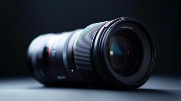 Close-up shot of a sleek, black camera lens highlighting its intricate design and the reflections within its glass elements. photo