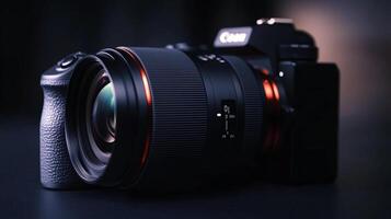 High-end digital camera with a zoom lens resting on a dark surface, perfect for professional photography. photo