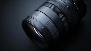 Sleek camera lens showcasing detailed textures and focusing rings against a minimalist backdrop, highlighting precision optics and design. photo