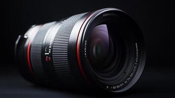 Close-up of a professional camera lens. The red ring highlights the quality and design, enhancing its technical appearance. photo