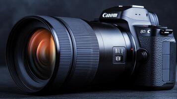 High-resolution digital camera with a large lens reflecting light. Perfect for photography enthusiasts seeking quality and precision. photo