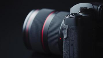 A close-up shot of a professional digital camera with a zoom lens on a black background. The focus is sharp and lighting is moody. photo