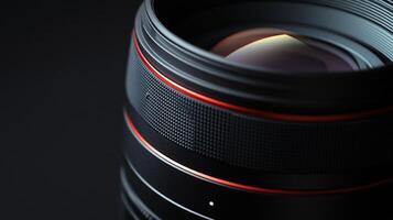 A black camera lens with red accents is highlighted against a dark background, creating a sharp and elegant studio shot. photo