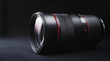 A black camera lens with a red accent ring sits horizontally against a dark backdrop, reflecting light from the front element. photo