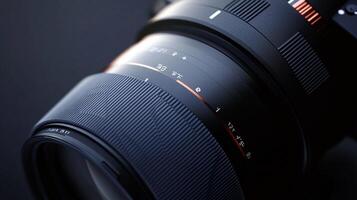 A high-resolution close-up image of a camera lens, showcasing its detailed construction and focus ring against a blurred background. photo