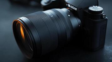 Detailed view of a black camera with a prominent lens, focusing on its design and functionality in capturing visual content. photo