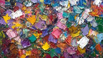 Vibrant, colorful impasto painting with textured layers of paint creating a dynamic and abstract composition of shapes and hues. photo