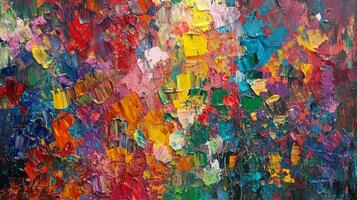 A vibrant, textured abstract painting featuring a rich palette of colors applied in thick strokes, creating a dynamic and expressive visual. photo