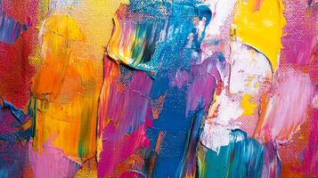 Vibrant abstract artwork featuring bold brushstrokes of pink, yellow, blue, and orange, creating a lively and textured visual experience. photo
