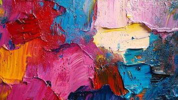 A vibrant, close-up abstract painting with thick impasto texture. Hues of red, pink, yellow, and blue create a dynamic color palette. photo