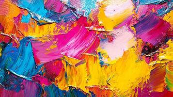 Abstract painting with bold brushstrokes of yellow, pink, and blue creating a vibrant and textured surface on canvas. photo