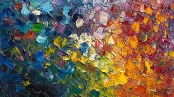 Close-up of a vibrant, textured painting. The artwork features thick, impasto strokes in a range of blues, yellows, reds, and purples. photo