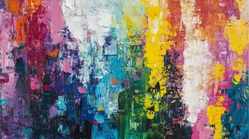 A vibrant, textured painting with an array of colors. From deep purples to bright yellows, the blend creates an energetic, abstract piece. photo