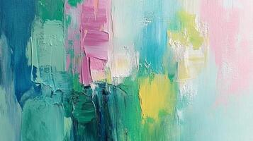 An abstract painting with bold strokes of green, blue, pink, and yellow. The colors blend and contrast to create a textured design. photo