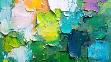Abstract artwork featuring vibrant brushstrokes and a variety of colors. Rich textures create a visually dynamic, layered appearance. photo
