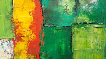 An art piece composed of textured blocks of color creates a visually stimulating painting with green, yellow, red and white colors. photo