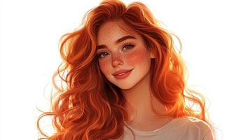 Radiant redhead with freckles, illuminated by a bright glow, exudes natural beauty and warmth with a gentle smile. photo